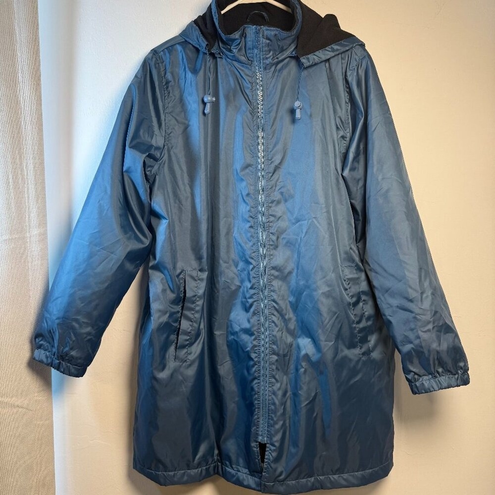 Totes Three Season Full-Zip Rain Coat Jacket Size L Blue Navy Hooded LONG Zip Up
